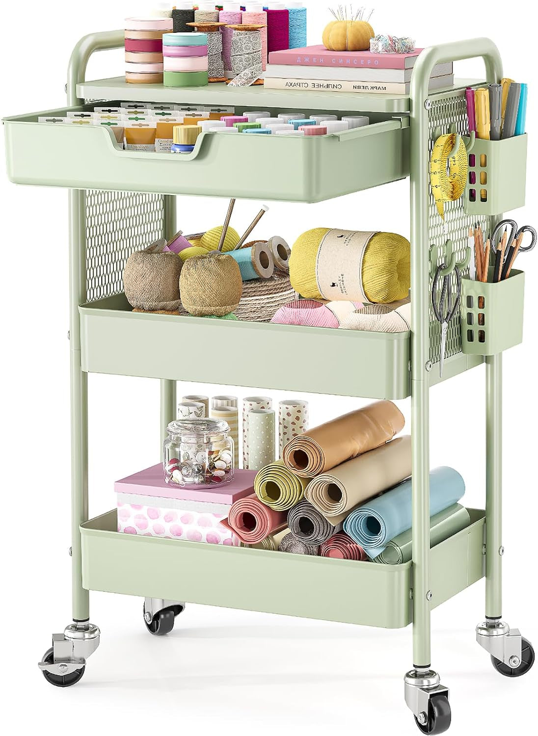 KINGBOARD 3 Tier Metal Rolling Cart with Drawer, Green Utility Storage Cart
