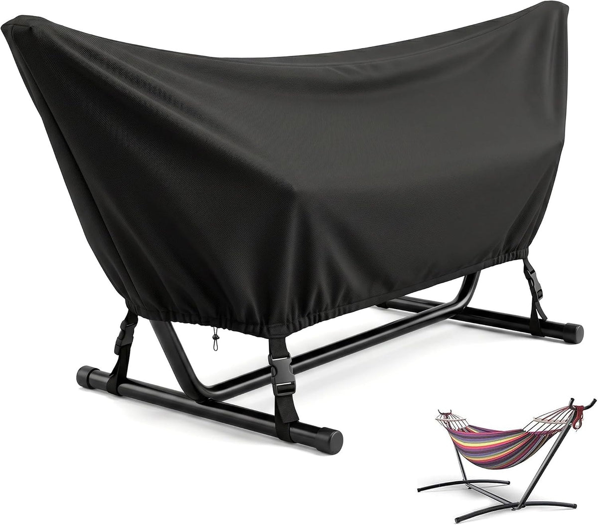 Waterproof Hammock Cover 9–10FT, Heavy Duty 420D Oxford Outdoor Hammock Cover, Elastic Ropes & Adjustable Buckles, Windproof Patio Hammock Covers for Garden, Yard, Beach (Black)