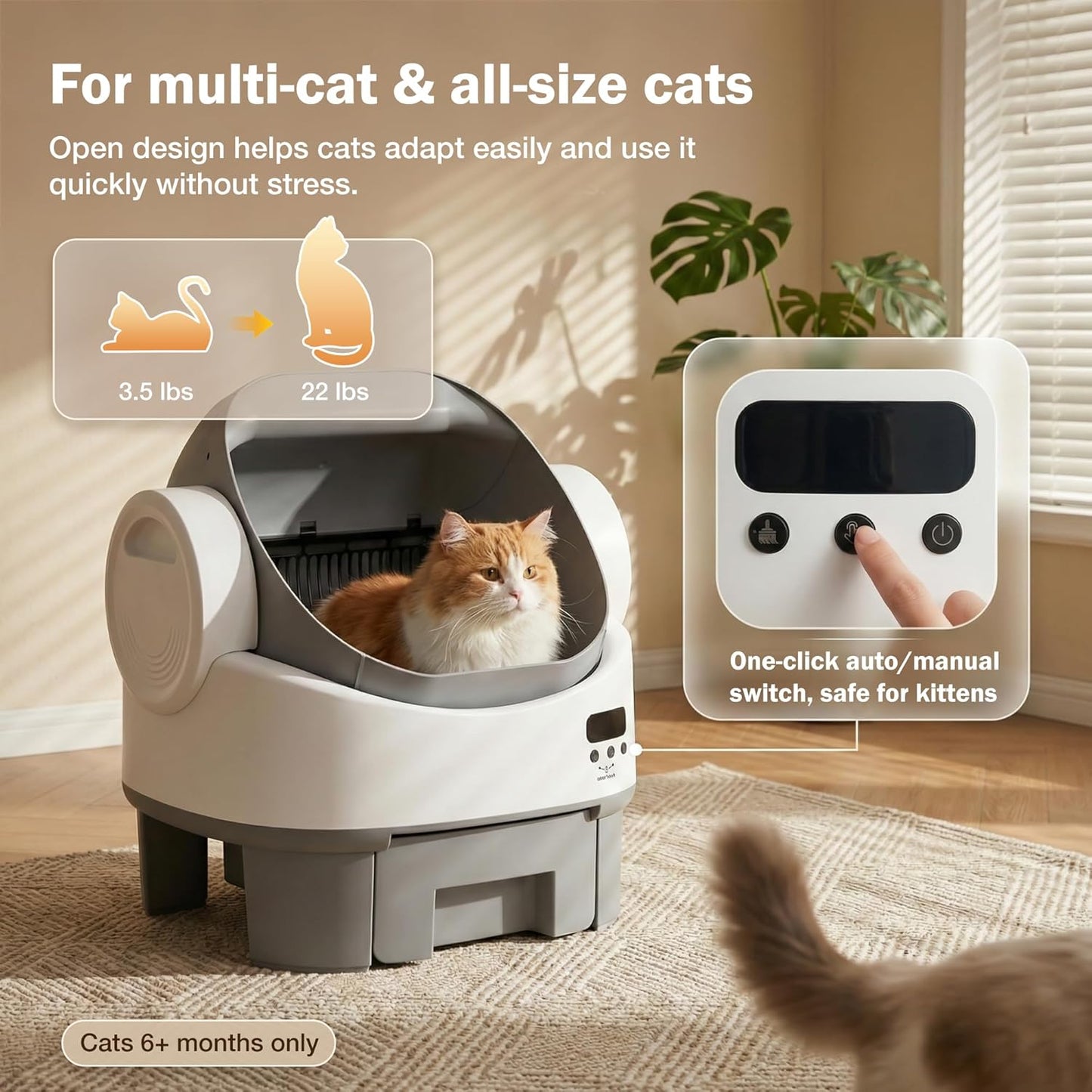 WARCAT Self-Cleaning Cat Litter Box, Open-Top Automatic Litter Box with Child Lock, 10L Large Capacity Waste Drawer, No APP Required, Includes Garbage Bags & Cleaning Mat (Gray)
