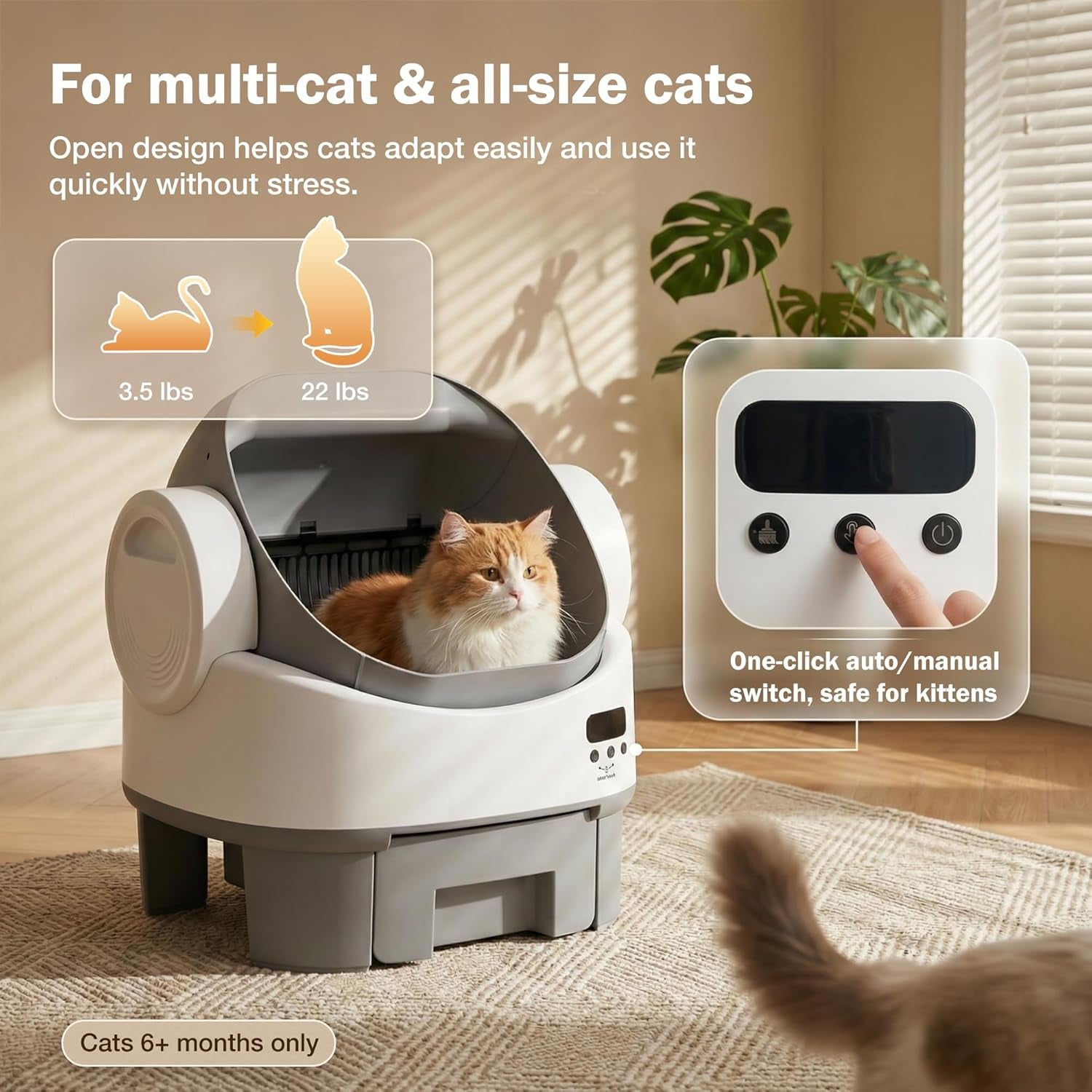 WARCAT Self-Cleaning Cat Litter Box, Open-Top Automatic Litter Box with Child Lock, 10L Large Capacity Waste Drawer, No APP Required, Includes Garbage Bags & Cleaning Mat (Gray)