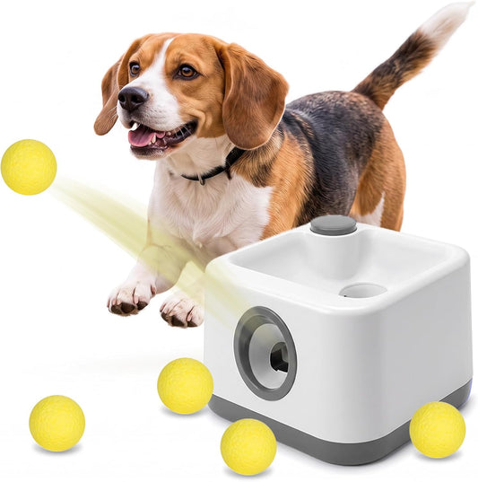 Cjc Automatic Dog Ball Launcher,Interactive Fetch Toy for Small/Mediumdogs,Pet Ball Thrower Machine for Outdoor Use with 5 PCS Balls,Adjustable Distance 20-40FT (Gray)