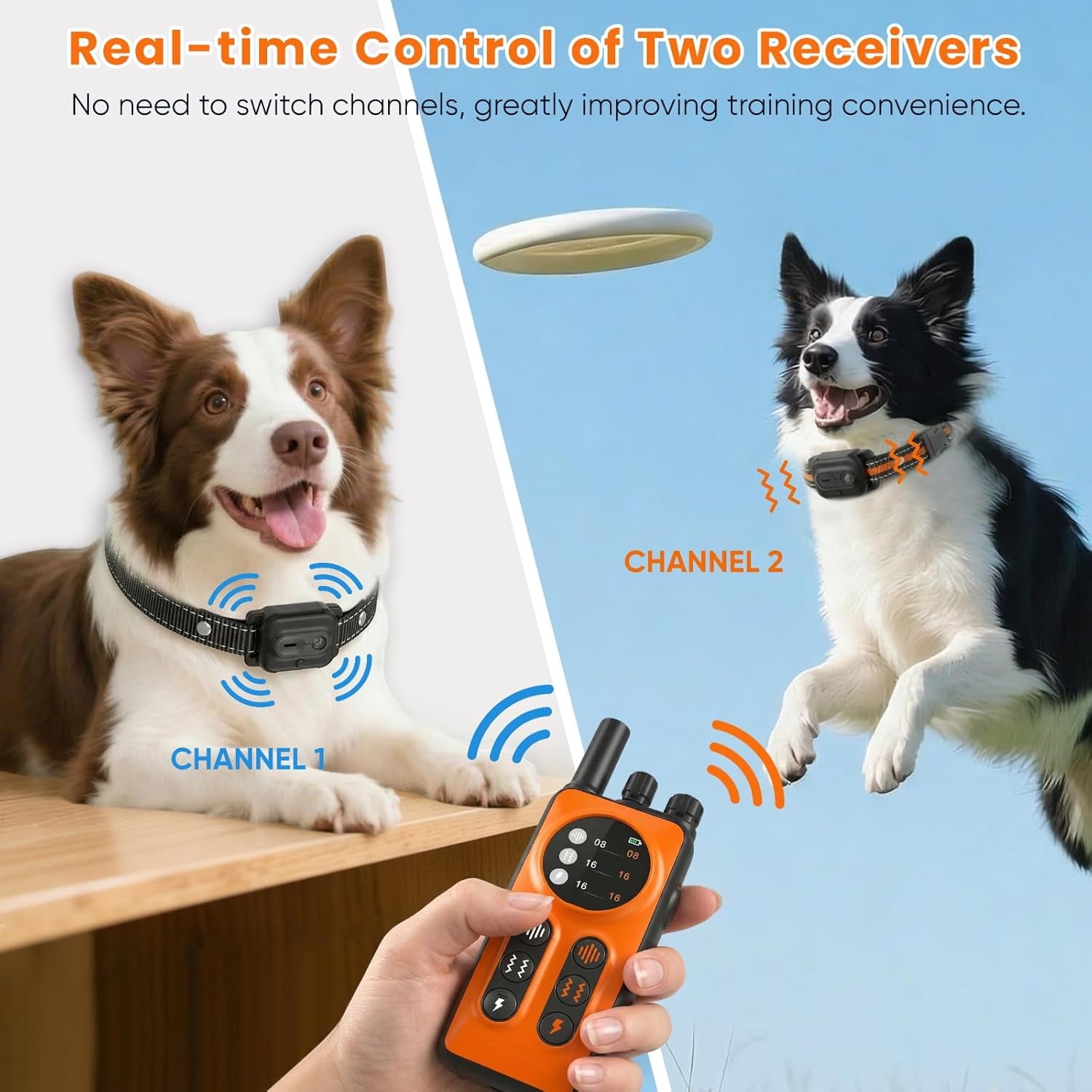 Dog Shock Collar 2 Dogs, 3300Ft Dog Training Collar with Remote, Real-Time Dual-Channel Remote with 3 Training Modes, Beep, Vibration, Safety Shock, Light, Fits 8-120 Lbs All Breeds Sizes - Orange