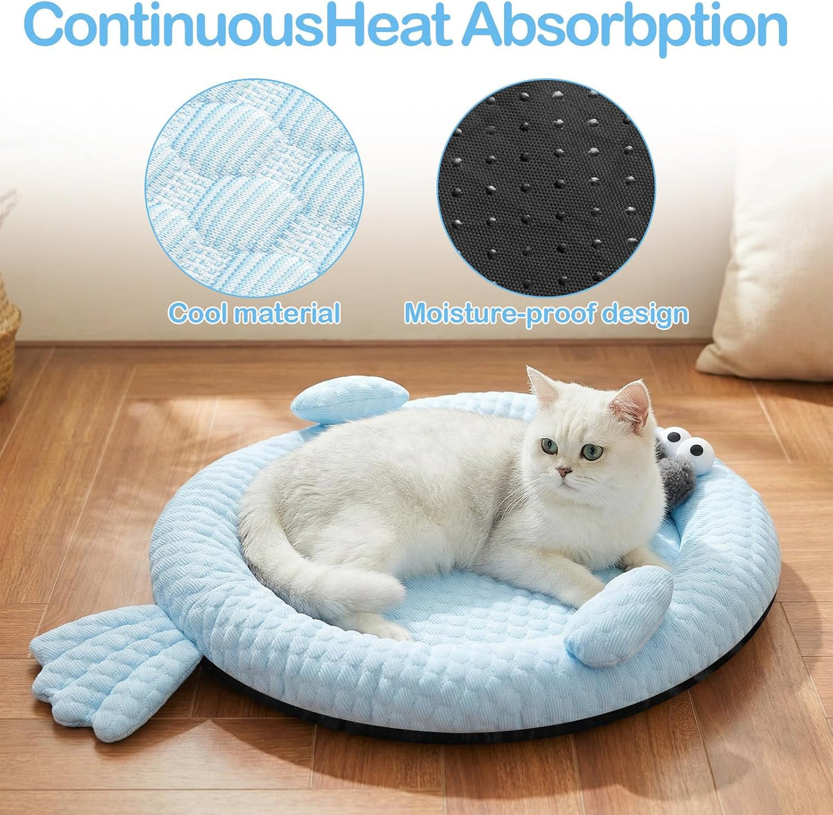 Hillban Cat Cooling Bed Mat Fish Shaped Pet Cooling Mat for Cats or Small Dogs 24.8'' X 20.47'' Cat Cool Bed Comfortable and Soft Cool Pad Washable Non-Slip Bottom Use in Floor Sofa Chair Kennel