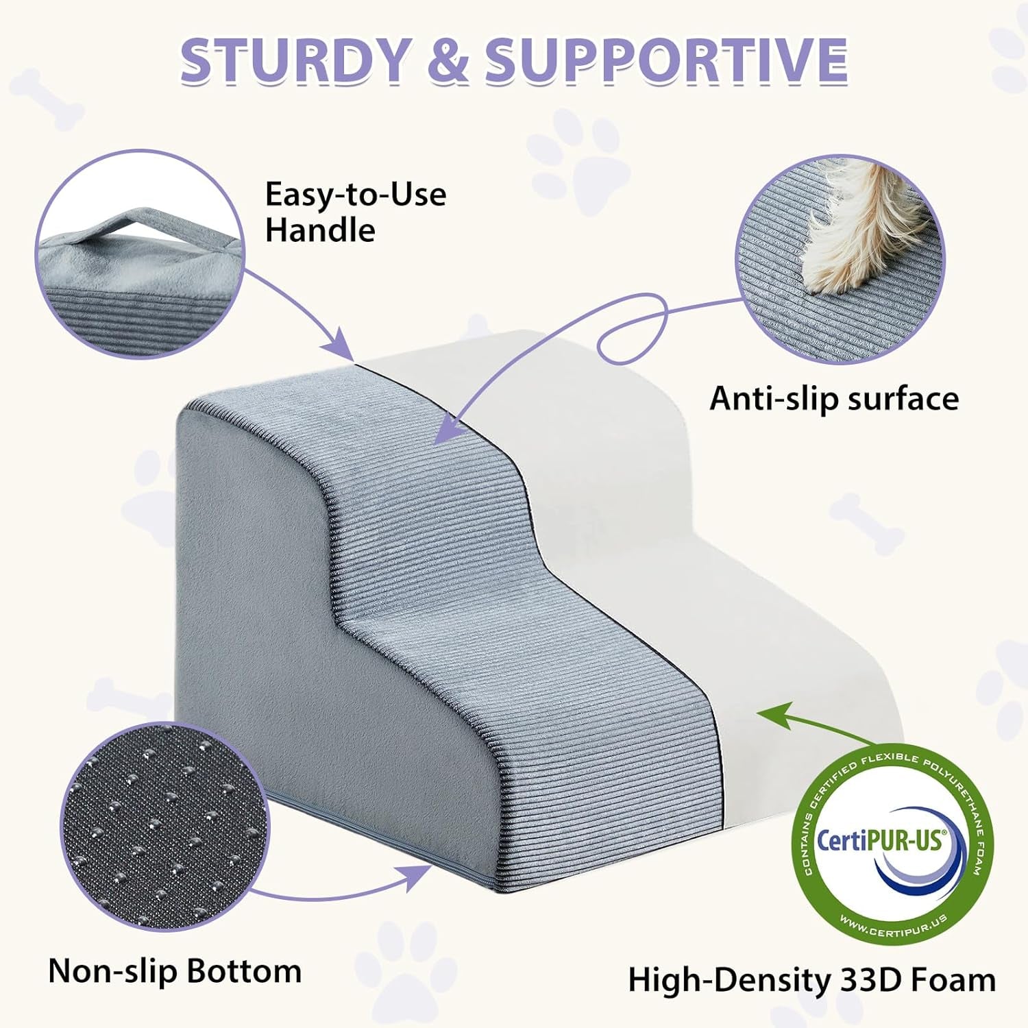 LEXTRO Dog Stairs for Small Dogs, 2-Steps Dog Ramp for Couch, Pet Stairs with Highly Supportive Foam and Non-Slip Bottom, Pet Steps for Cat & Doggie (High 11.8 Inch)