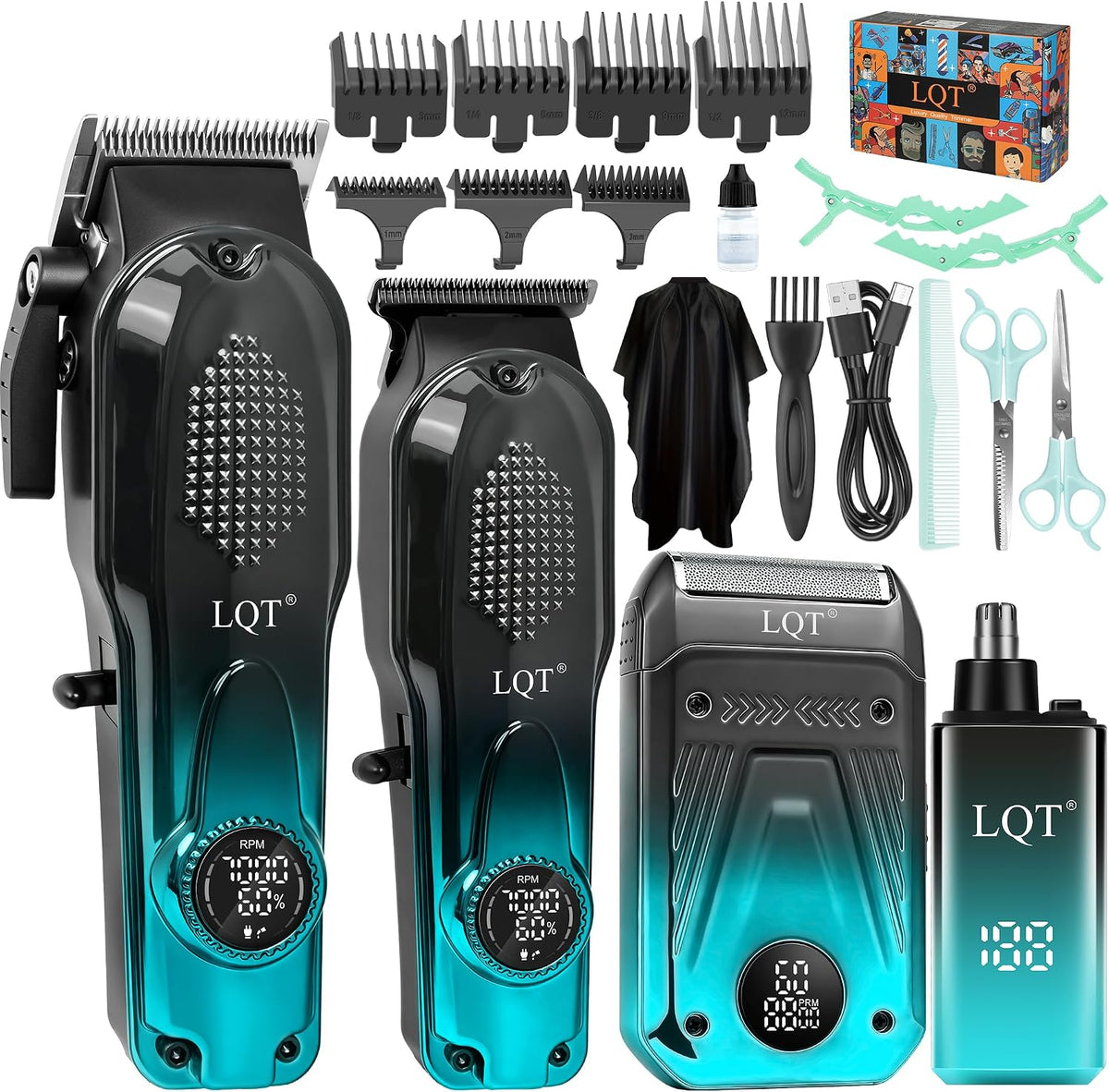 Hair Clippers for Men Professional, 4-In-1 Cordless Barber Kit with Hair Clipper, Detail Trimmer, Foil Shaver and Nose Trimmer, Digital Display, Guide Combs, Scissors and Cape