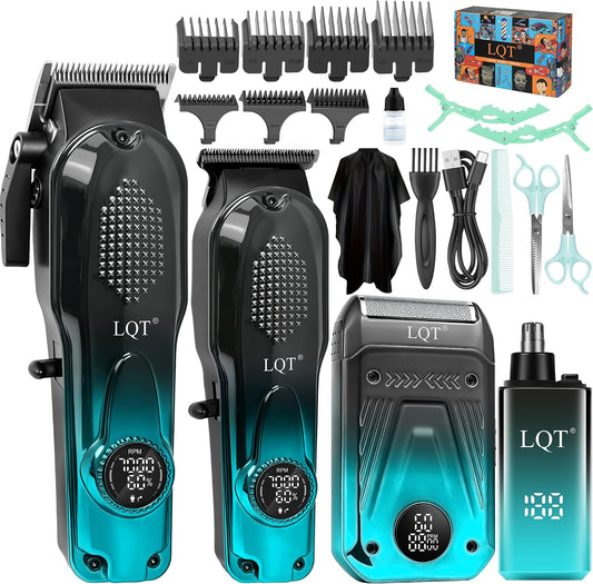 Hair Clippers for Men Professional, 4-In-1 Cordless Barber Kit with Hair Clipper, Detail Trimmer, Foil Shaver and Nose Trimmer, Digital Display, Guide Combs, Scissors and Cape