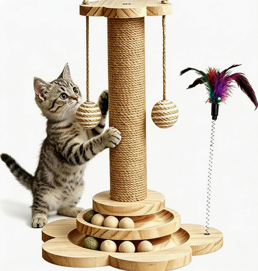 4-In-1 Solid Wood Kitten Scratching Post for Indoor Cats with Feather Toy