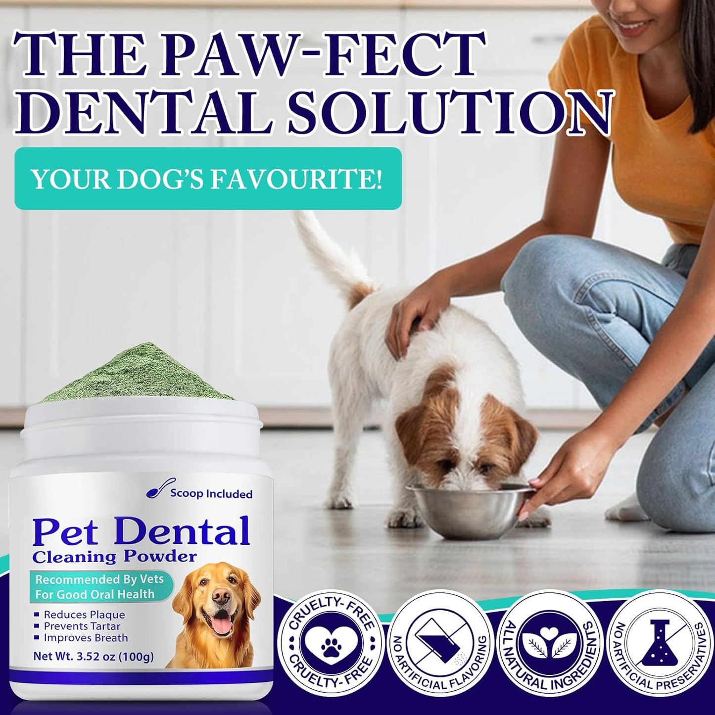 Dog Teeth Cleaning Powder - Dog Dental Powder - Dog Breath Freshener - Targets Tartar & Reduces Plaque & Bad Breath - Teeth Cleaning Made Easy Eliminate - Formulated for Small, Medium, Large Dogs