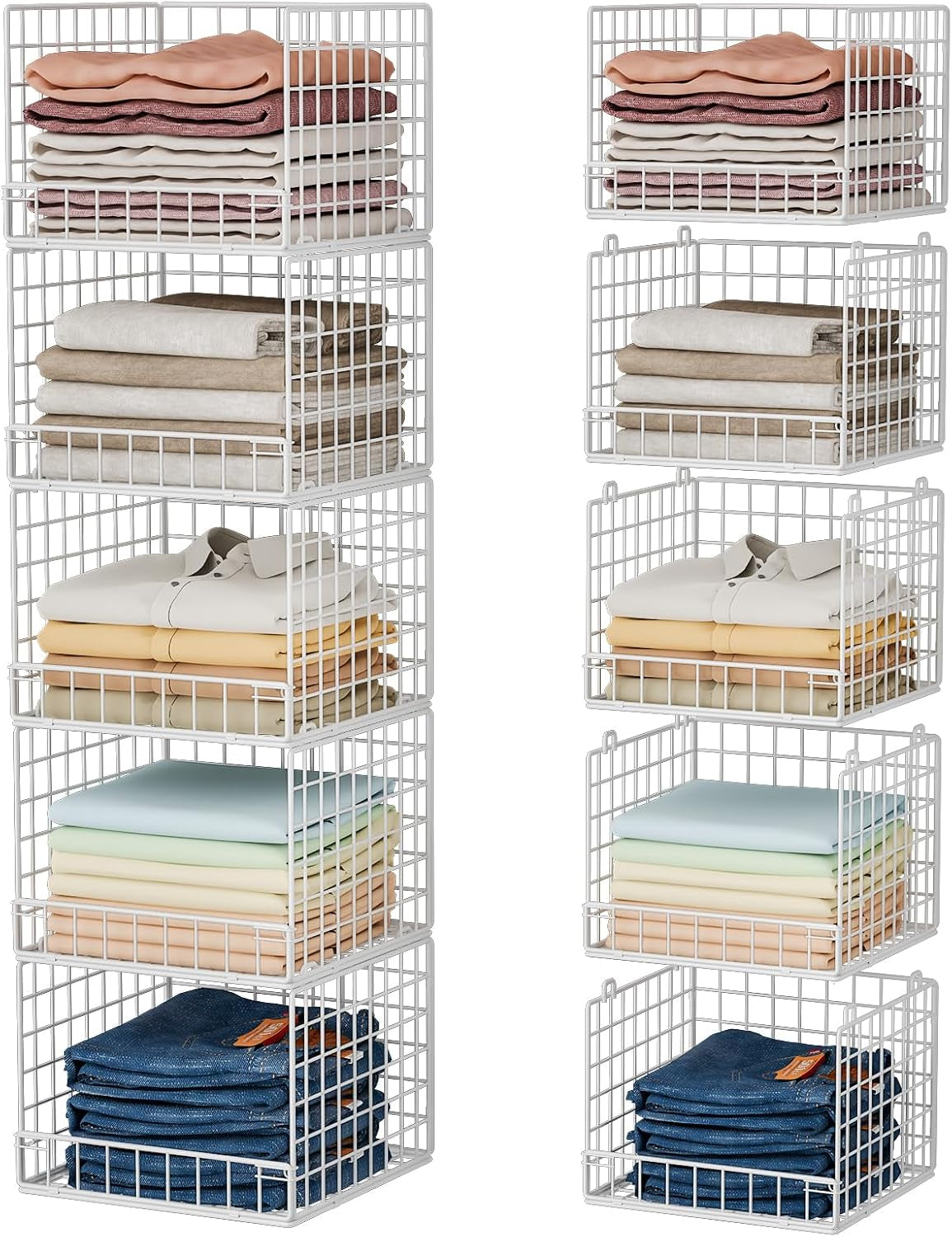 5-Tier Stackable Closet Organizers and Storage Baskets, Closet Shelf Organizer, Space-Saving Closet Organizer System, Foldable Clothes Storage Bins for Closet Organizer System, White(Patent 30022416)