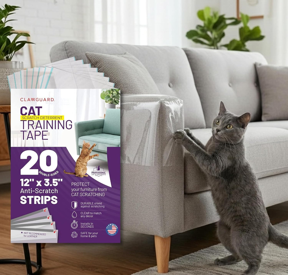 CLAWGUARD Cat Scratch Tape for Furniture, 20 Double-Sided Strips 12X3.5 In