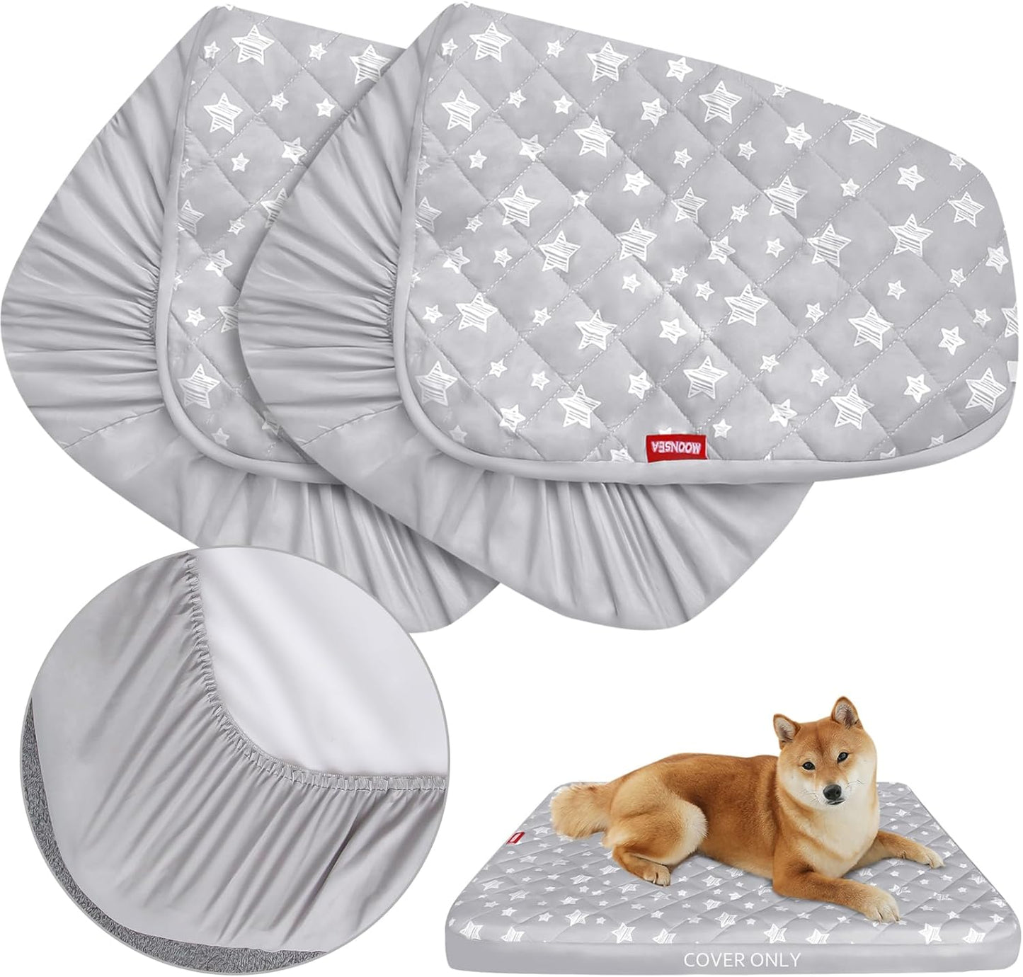 Moonsea Dog Bed Covers Replacement Washable 2 Pack, Waterproof Dog Bed Covers Dog Pillow Cover Quilted, Pet Bed Cover Lovely Grey Star Print, Puppy Bed Cover 27X36 Inches, for Dog/Cat, Cover Only