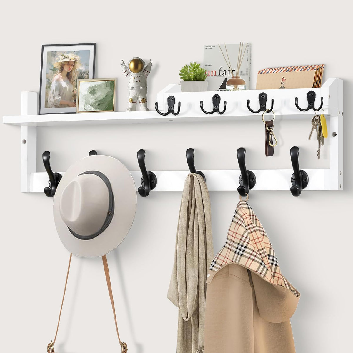 27.5" Wall Mount Coat Rack with Shelf, Key Holder & Mail Organizer, White