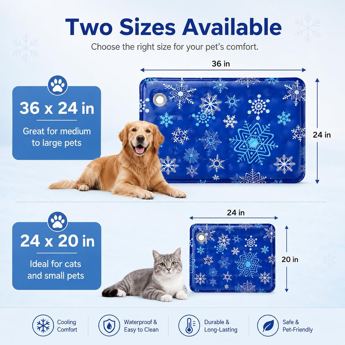 Pet Cooling Mat for Dogs & Cats (36"X24"), Non-Toxic Water-Activated Gel Ice Pad, Scratch Resistant & Leakproof Summer Dog Bed, Washable Seat Cushion for Pet, Sofa, Car (Snowflake Patterns)