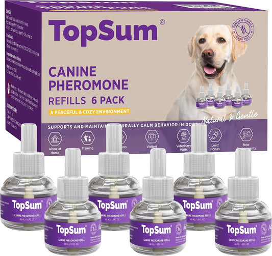 Topsum Calming Diffuser for Dog: Dog Pheromones Calming Diffuser Plug for Stress, Barking, Chewing, Pee Accidents & Separation Behaviors (Purple– 6 Refills)