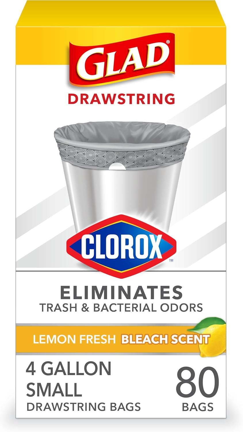 Glad Small Trash Bags 4 Gallon, Lemon Fresh Bleach Garbage Bags, Odor Resistant with Drawstring, 80 Count