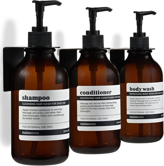 Maisonovo Shampoo and Conditioner Dispenser|Refillable Amber Black Set of 3