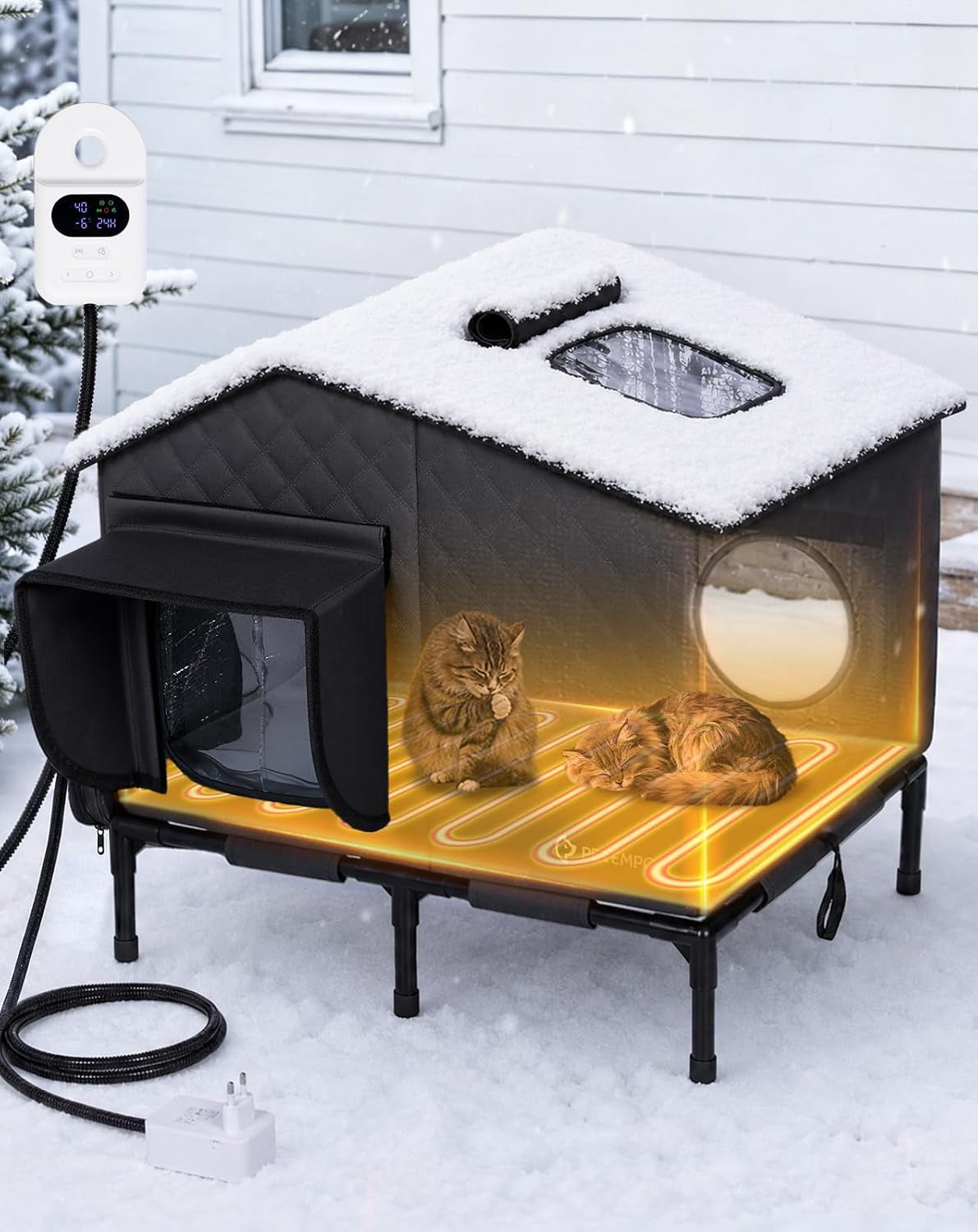 Smart Heated Cat House Outside, 8 Modes, Pressure-Activated,Weatherproof, M