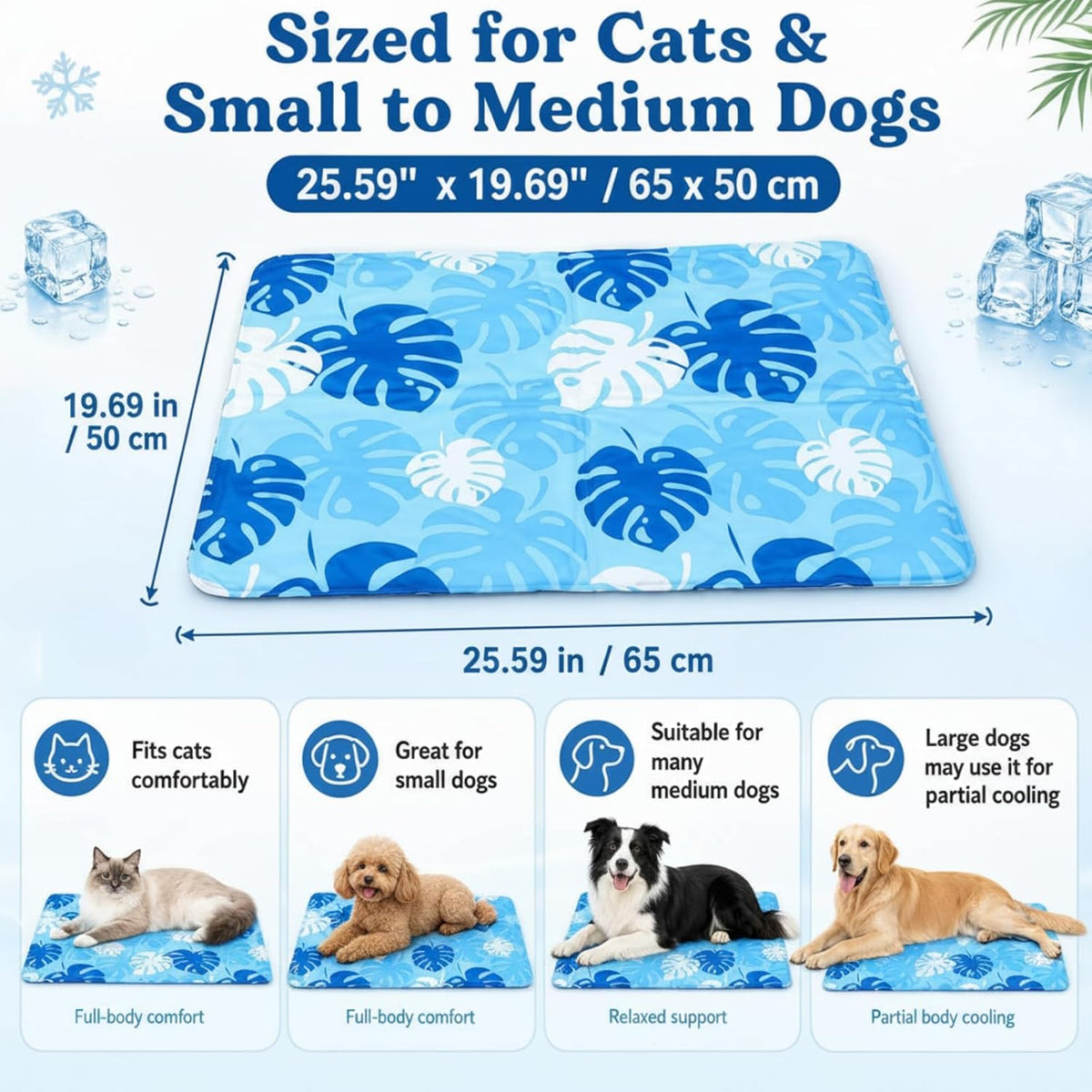 Drydiet Blue Cooling Bed Mat for Cats, Small Dogs, Small Pets, 25.6"X19.7" Thickened Rectangle Pad Anti-Grab Internal Gel without Water Filling, Lightweight, Washable, Playmat for Indoor/Outdoor
