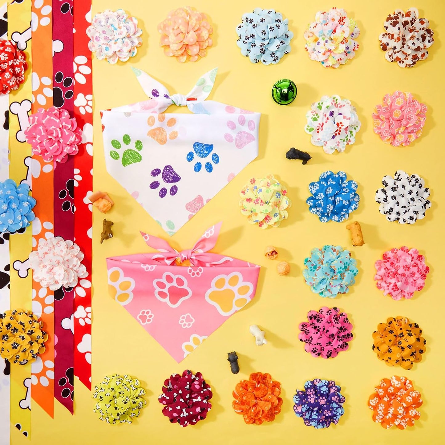 Huhumy 100 Pack Paw Print Dog Bandanas & Flowers, Cute Dog Paw Pattern Scarf Set, Photo Props & Grooming Accessories for Groomers, Pet Shops & Multi-Dog Families, 25 Styles