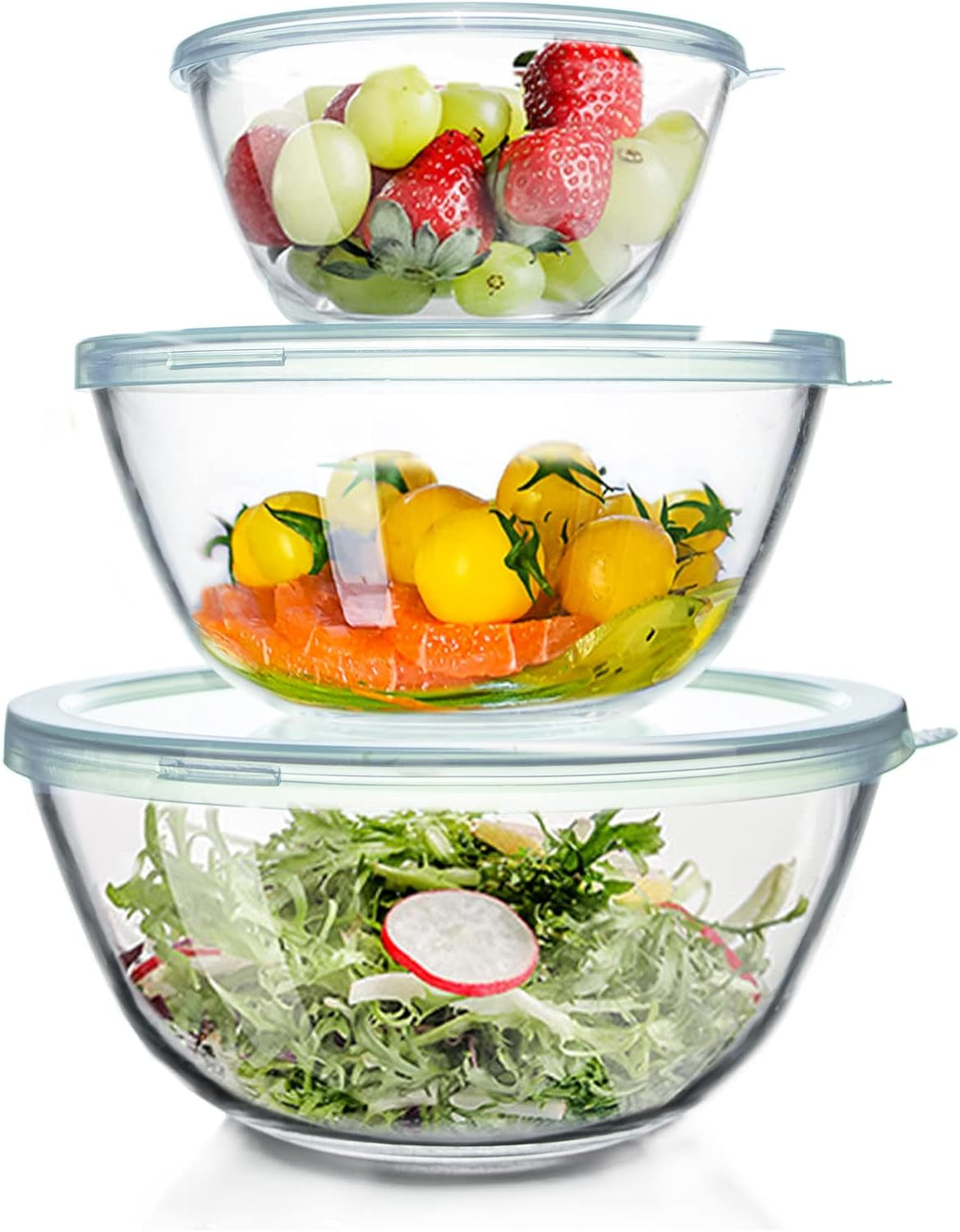 Whiterhino Glass Mixing Bowls Glass Bowls with Lids Set(4.5Qt,2.7Qt, 1.1Qt),Large Salad Bowls,Glass Mixing Bowl Space-Saving Nesting Storage Bowls for Cooking,Baking,Prepping,Dishwasher Safe