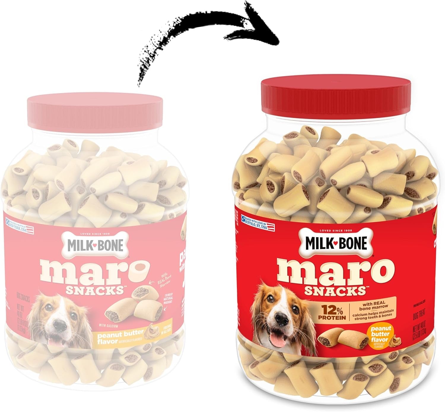 Milk-Bone Marosnacks Peanut Butter Flavor (Artificially Flavored) Dog Treats with Real Bone Marrow, 40 Oz. Canister