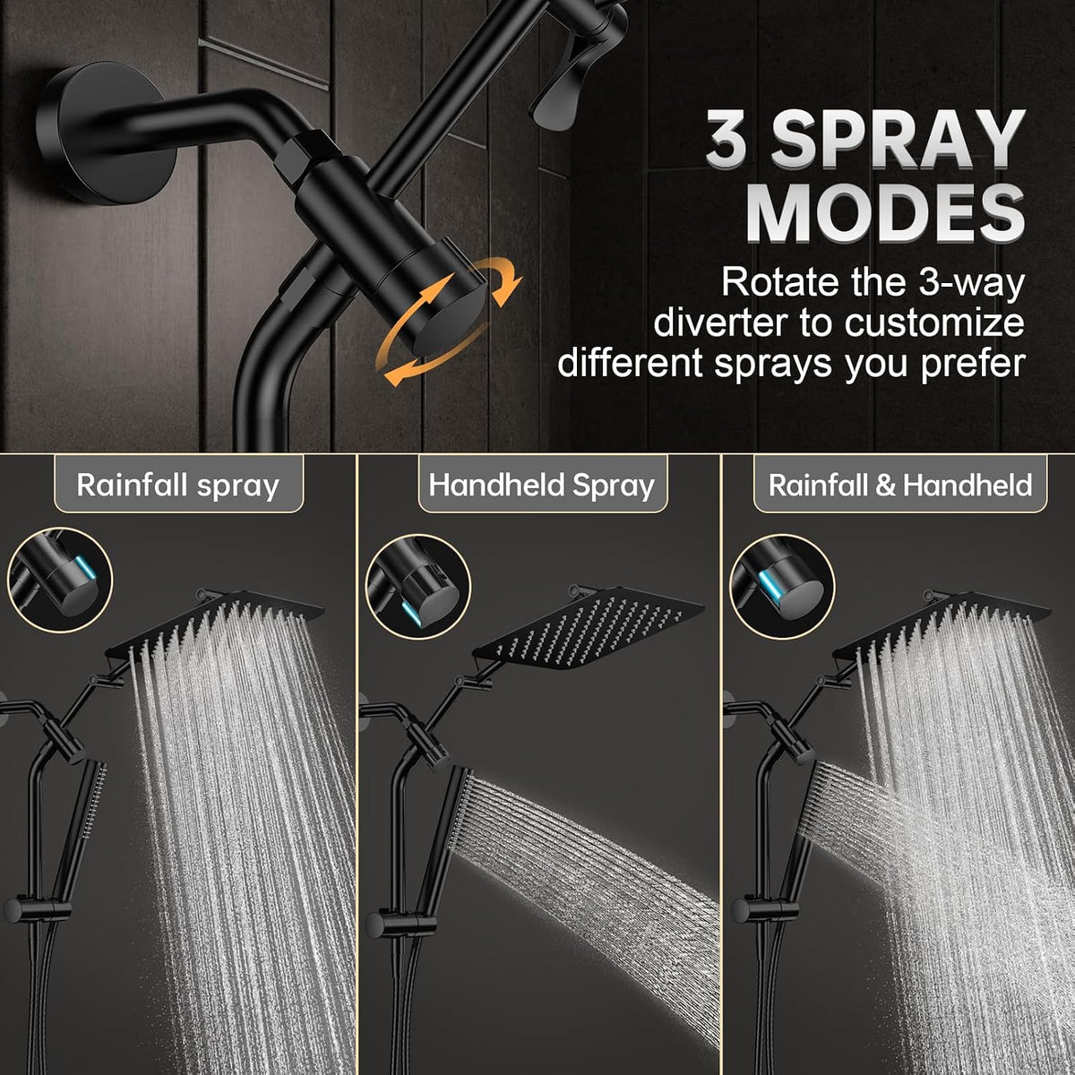 Veken All Metal 10" Luxurious Rain Shower Head with Handheld Spray,Square