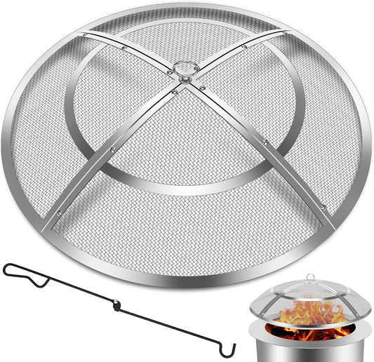 Fire Pit Spark Screen,24 Inch Fire Pit Screen Cover Stainless Steel Outdoor with Handle&Poker,Firepit Screens Cover round Mesh Lid Heavy-Duty Steel Replacement for Backyard/Beach/Rv Camping