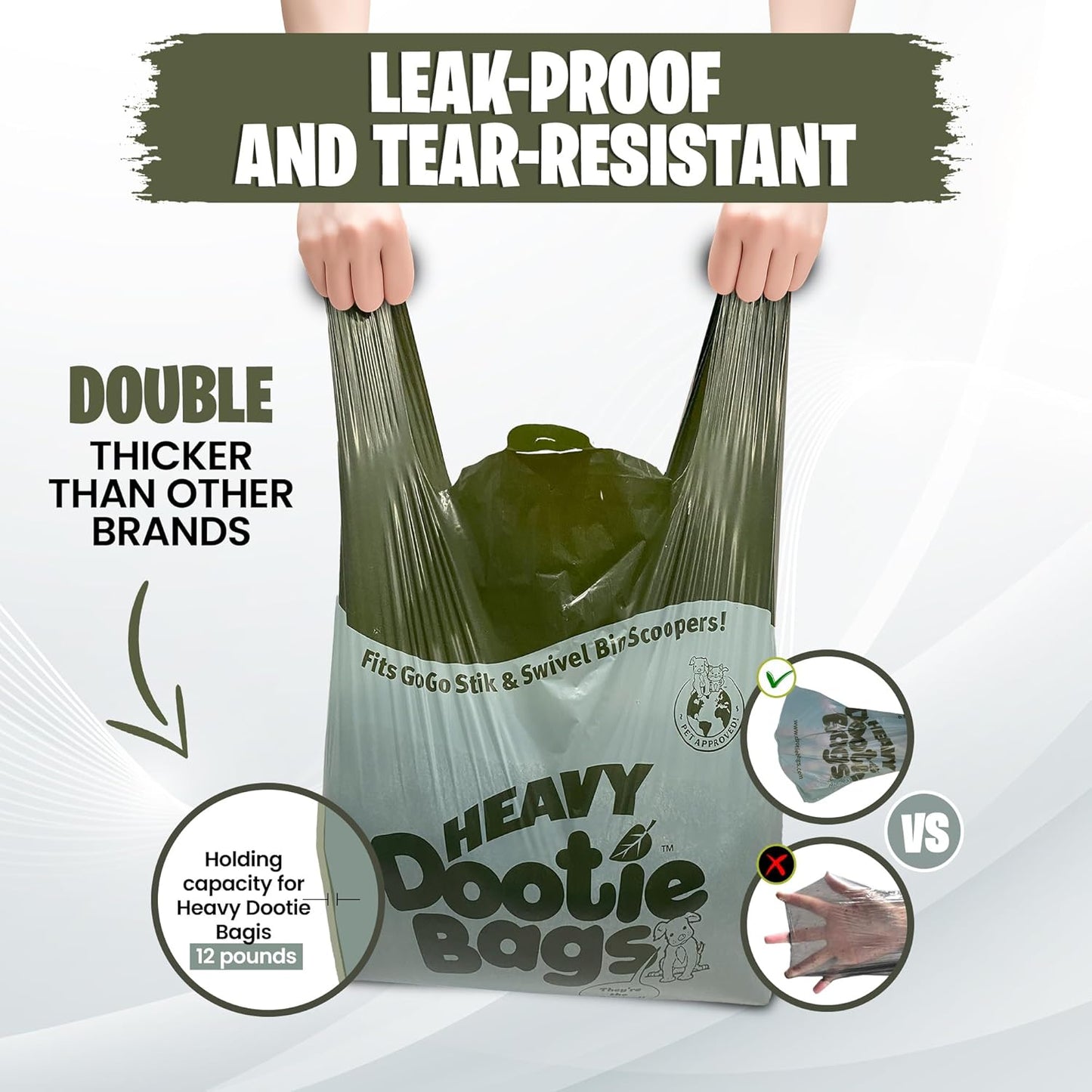 HEAVY Dootie Bags with EZ Tie Handles. Clean and Convenient for Pet Dog Poop, Cat Litter. Multi-Use. Great for Swivel Bin and Gogo Stik Scoopers. Made with Cornstarch. Strong, Leakproof and Very Large