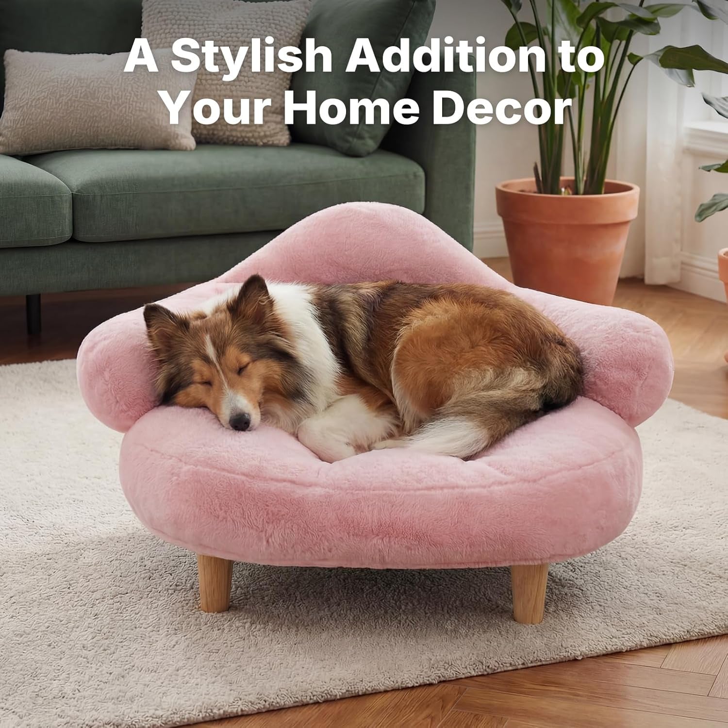 Veehoo Elevated Dog Couch Bed, Cute Dog Sofa Bed for Small Medium Dogs, Raised Dog Bed with Washable Cover and Sturdy Wood Legs, Modern Indoor Pet & Puppy Beds with Frame and Soft Cushion, Light Pink