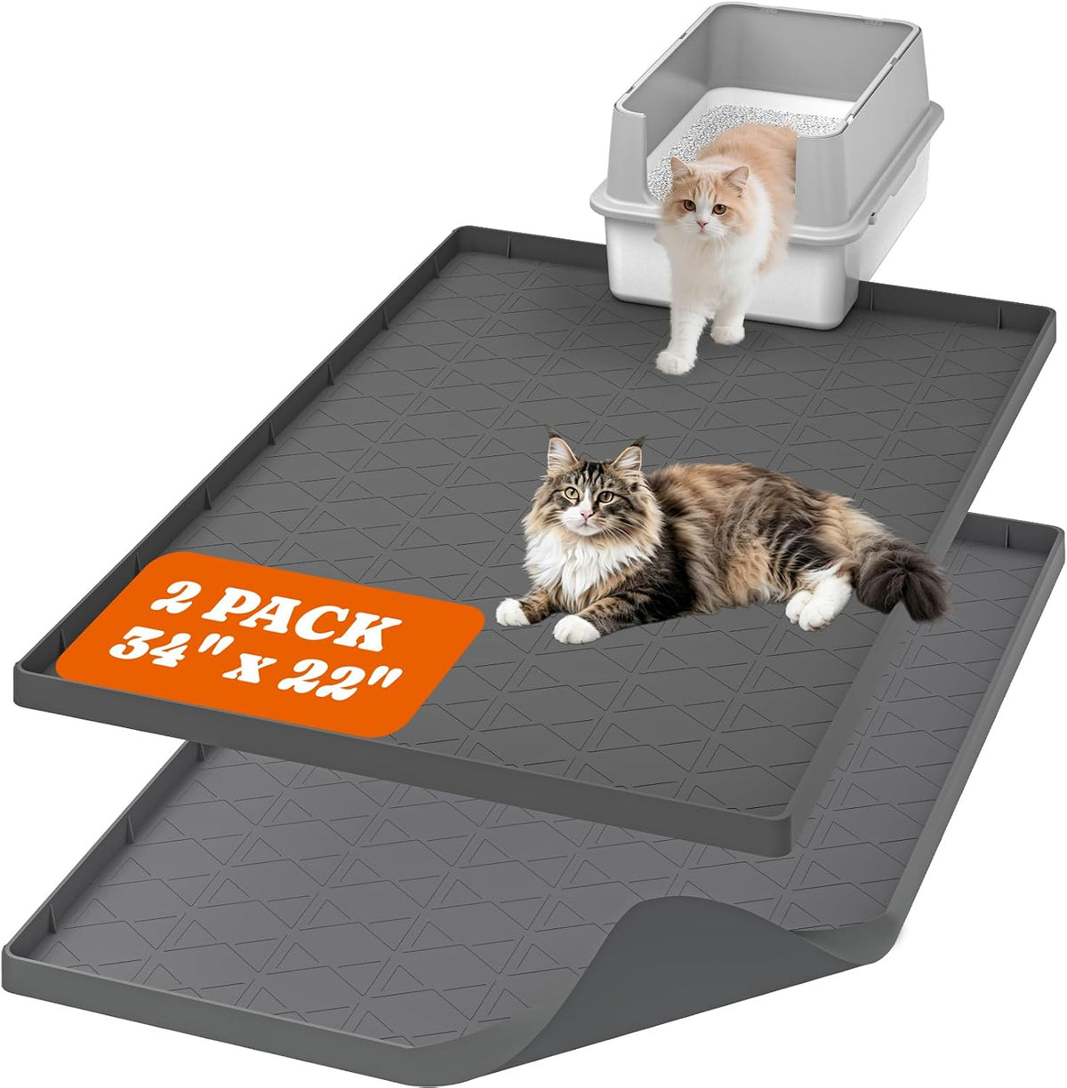 Silicone Cat Litter Mat 34 X 22 In, Easy to Clean, Gray, 2 Pack