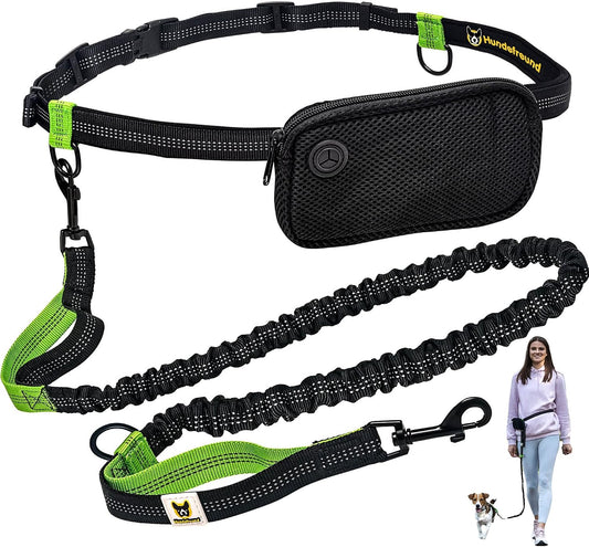 Hundefreund Hands-Free Dog Leash for Small Dogs 10 to 30 Lbs - Lightweight Waist Leash with Bungee (43–63"), Padded Belt (26–47") & Pouch – Dual Handles, Reflective Stitching for Walking & Jogging