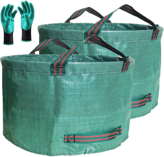 Standard 2-Pack 46 Gallon Lawn Garden Bags (D26,H19 In) Yard Waste Bags W/Gardening Gloves for Leaf Bag,Yard Debris,Trash Container,Recycling Bin,Camping Waste Bin,Grass Clippings,Weeds Bag 4 Handles