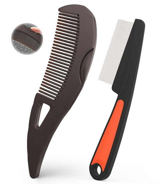 Dandruff Comb Removal 2PC Hollow Fine Tooth Scalp Detox Hair Care Tool | Build up Flake Lice Comb, 0.5 & 2Mm Stainless Steel Teeth, Self Cleaning, Button Release, Scalp Massage Handle, Women Men Kid