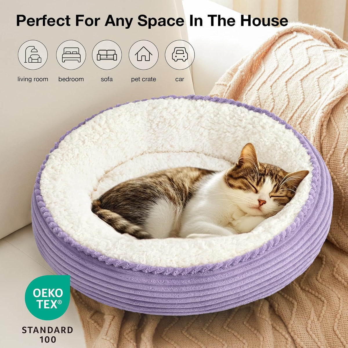 Love'S Cabin round Donut Cat and Dog Cushion Bed, 20In Pet Bed for Cats or Small Dogs, Anti-Slip & Water-Resistant Bottom, Soft Durable Fabric Pet Beds, Washable Luxury Cat Dog Bed Lavender Stripe