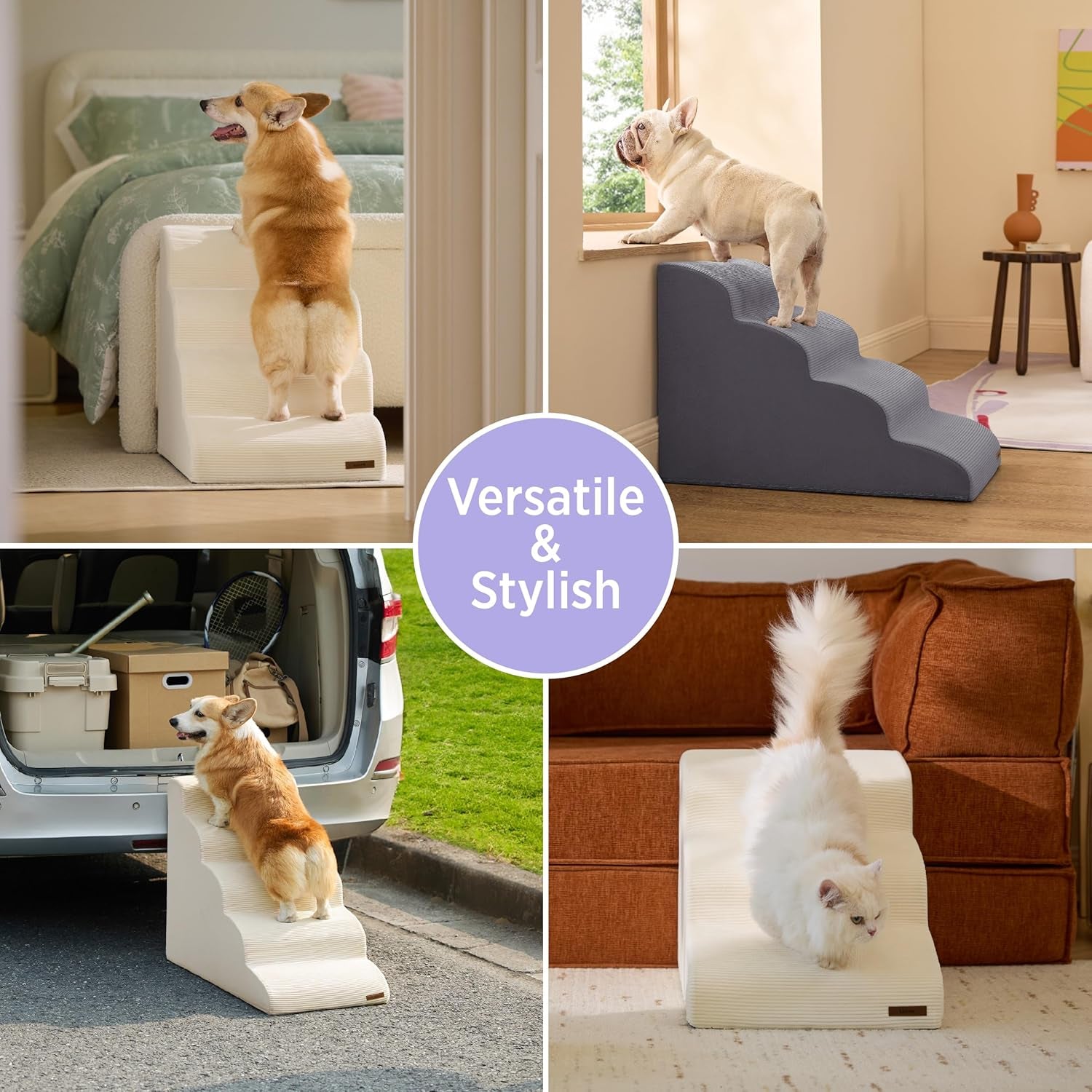 Lesure Dog Stairs for Small Dogs Pet Steps Ramp for High Bed and Couch with Certipur-Us Certified Foam with Non-Slip Bottom, Beige, 4 Steps