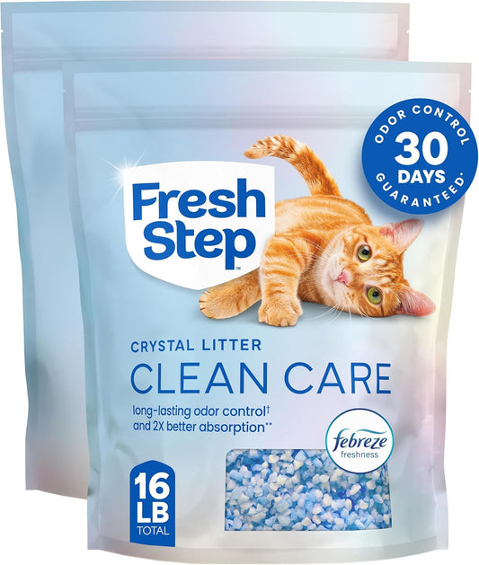 Fresh Step Clean Care Crystal Cat Litter, 8 Lb., 2 Pk | Crystal Litter, Scented with Febreze Freshness, Naturally Light Weight, Low Dust, Febreze Freshness for up to 30 Days