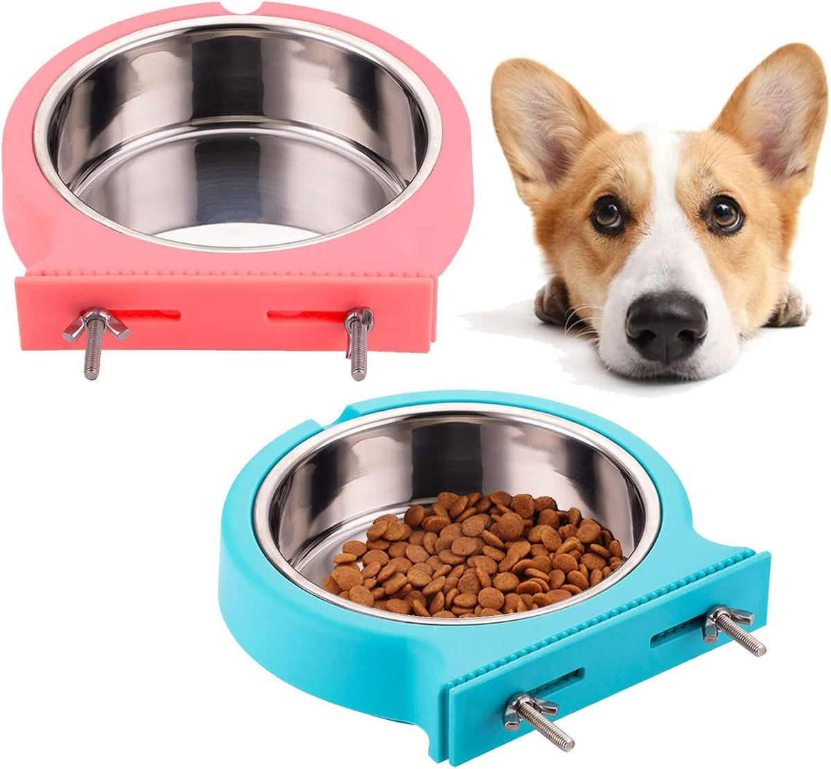 Kathson 2 Pack Crate Dog Bowl Removable Stainless Steel Water Food Bowl Hanging Pet Cage Coop Cup for Rabbit Cat Puppy Bird Bunny Small Animals