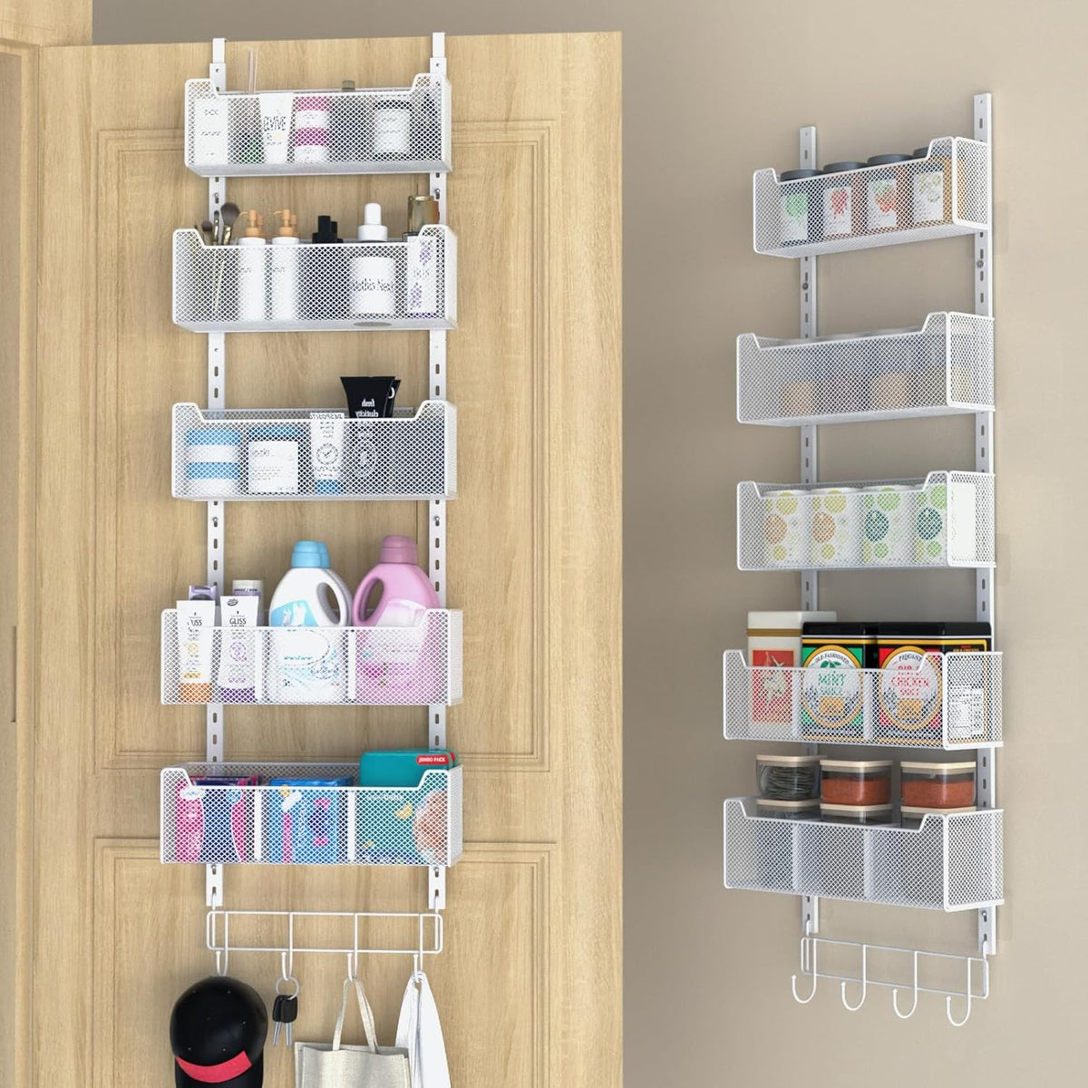 Vygrow over the Door Organizer, Metal Door Organizer Hanging with 5 Adjustable Baskets and Coat Hook, behind the Door Storage for Bedroom Closet Bathroom Pantry Cabinet Kitchen, White