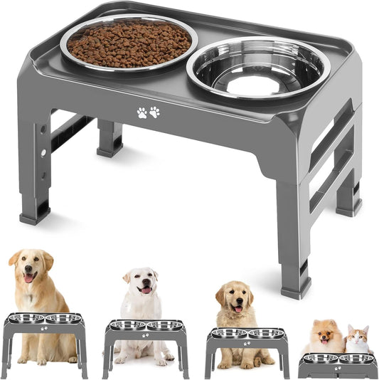 Elevated Bowls, 4 Height Adjustable Raised Stand with 2 Thick 50Oz Stainless Steel Food Bowls, Non-Slip Feeder for Large Medium Dogs, Adjusts to 3.7", 9.2", 10.75", 12.36" Grey