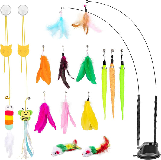 Depets Cat Wand Toy, 15 Pcs Interactive Cat Feather Toys for Indoor Self Play & Exercise, 2 Play Modes Kitten Teaser Wand, Reusable Suction Cup Kitten Toys