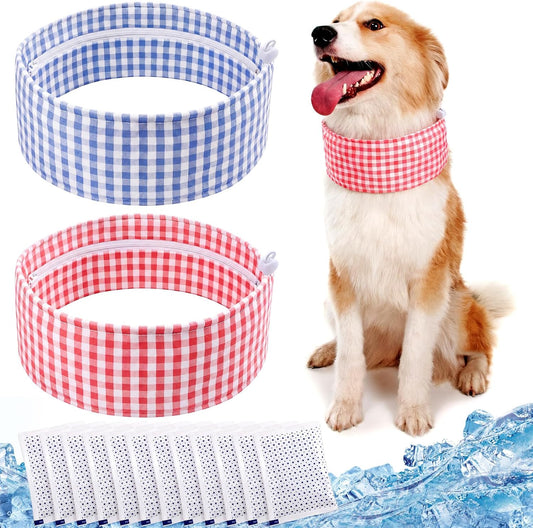 2 Pack Dog Cooling Bandana Collar with 10 Ice Packs, Adjustable Cooling Neck Wrap for Dogs, Reusable Pet Scarf for Hot Weather Summer Cats and Dogs(L,Blue Square&Pink Square)
