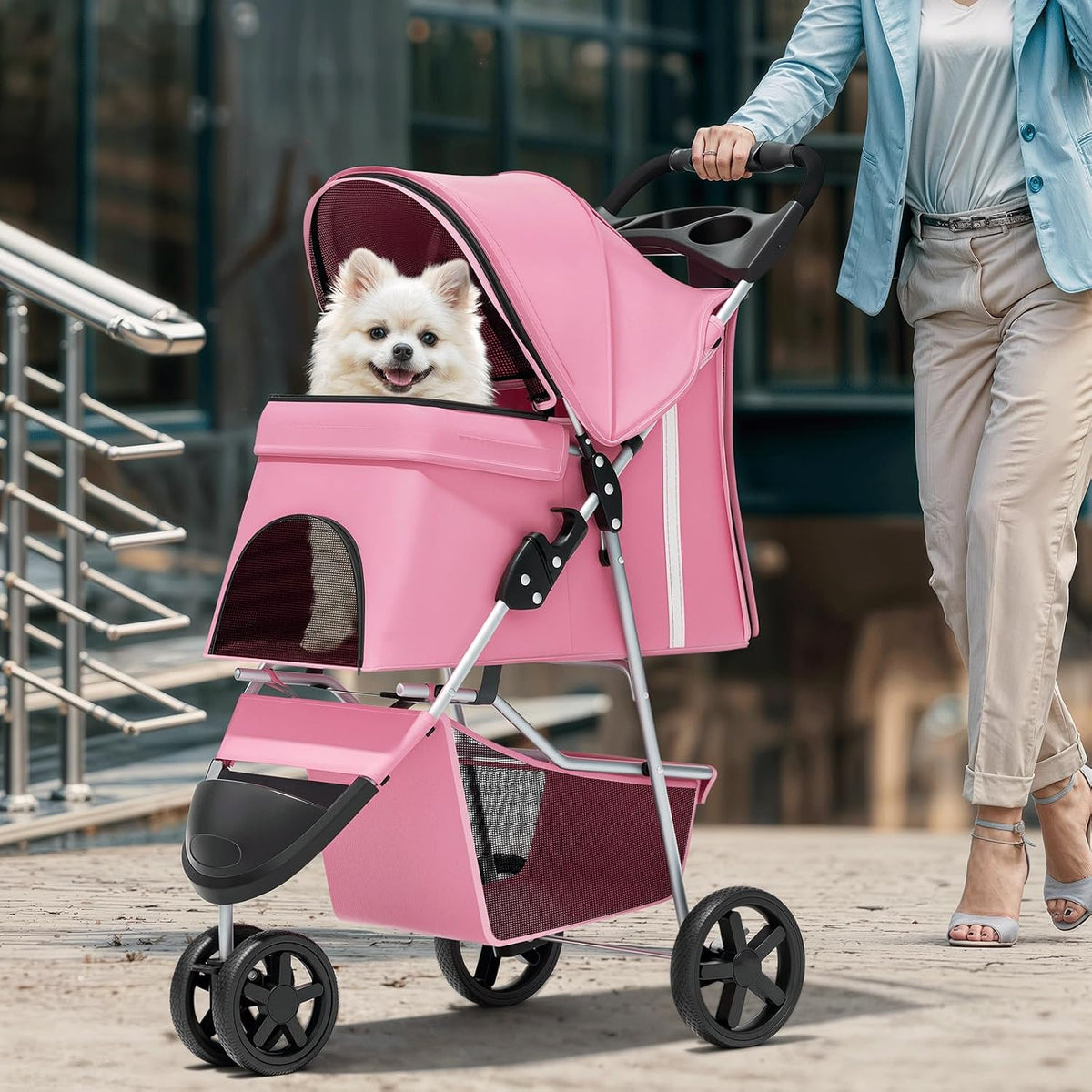 Magshion 3-Wheel Pet Stroller for Small/Medium Dog Cat, up to 33Lbs, Pink