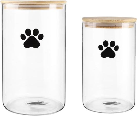 Glass Dog Treat Jars Set of 2,135Oz+68Oz round Dog Cat Food Container with Bamboo Lids,Airtight Cat Treat Jar, Puppy Food Cookie Jar-Keep Fresh Crispy