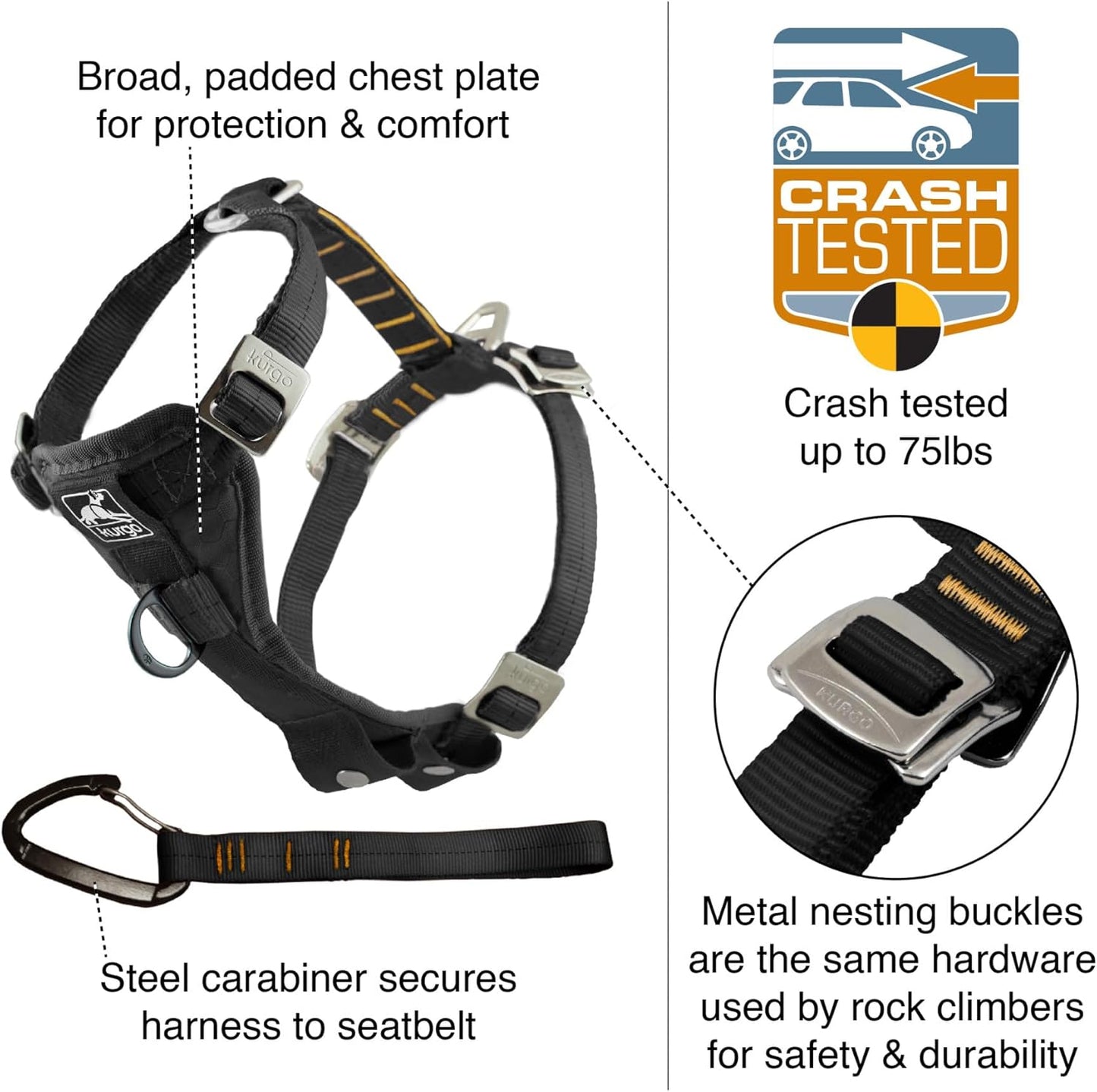 Kurgo Enhanced Strength Tru-Fit Dog Car Harness - Pet Travel Safety Harness - Crash Test Certified Fit - Five Point Adjustment - Secure Buckle - Padded Chest - Black - X-Large