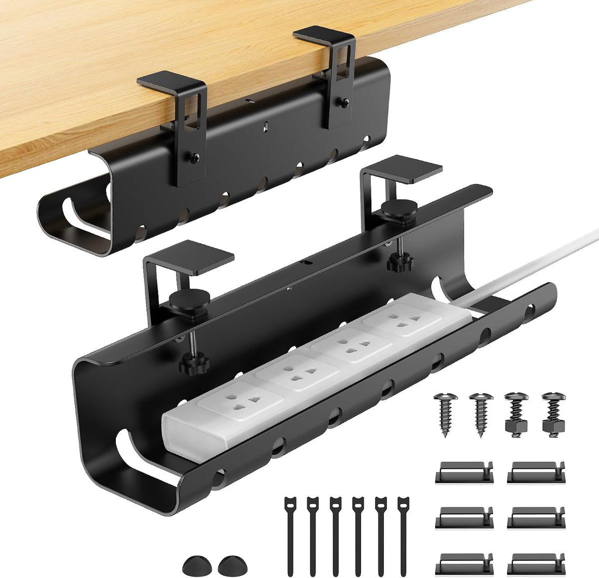 2 Pack No-Drill under Desk Cable Management Tray 33.8 Inch Large Wire Cord Organizers, Cable Management under Desk for Home and Office No Damage Black