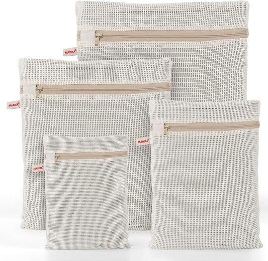 MADIKA 100% Cotton Mesh Laundry Bags, Organic Cotton Laundry Bags, No Dye, Set of 4, Natural