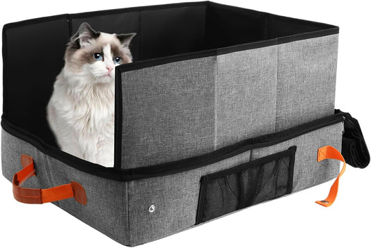 Travel Litter Box for Cats, 19.7 X 15.75 X 11 Inch Portable Foldable Litter Box with Zipped Lid, Waterproof Extra Large Travel Cat Litter Box with Removable Shield for Car Camping