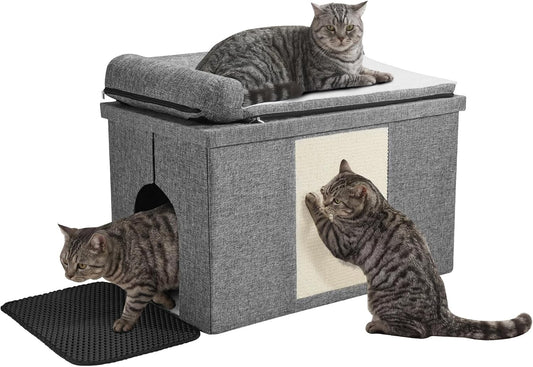 Cat Litter Box Enclosure Furniture, Hidden Litter Box with Cat Bed, Waterproof Odor Control Litter Box Cover, Dog Proof Foldable Storage Bench, Easy Assembly (Grey, Large (30" X 17.7"X 17.7"))