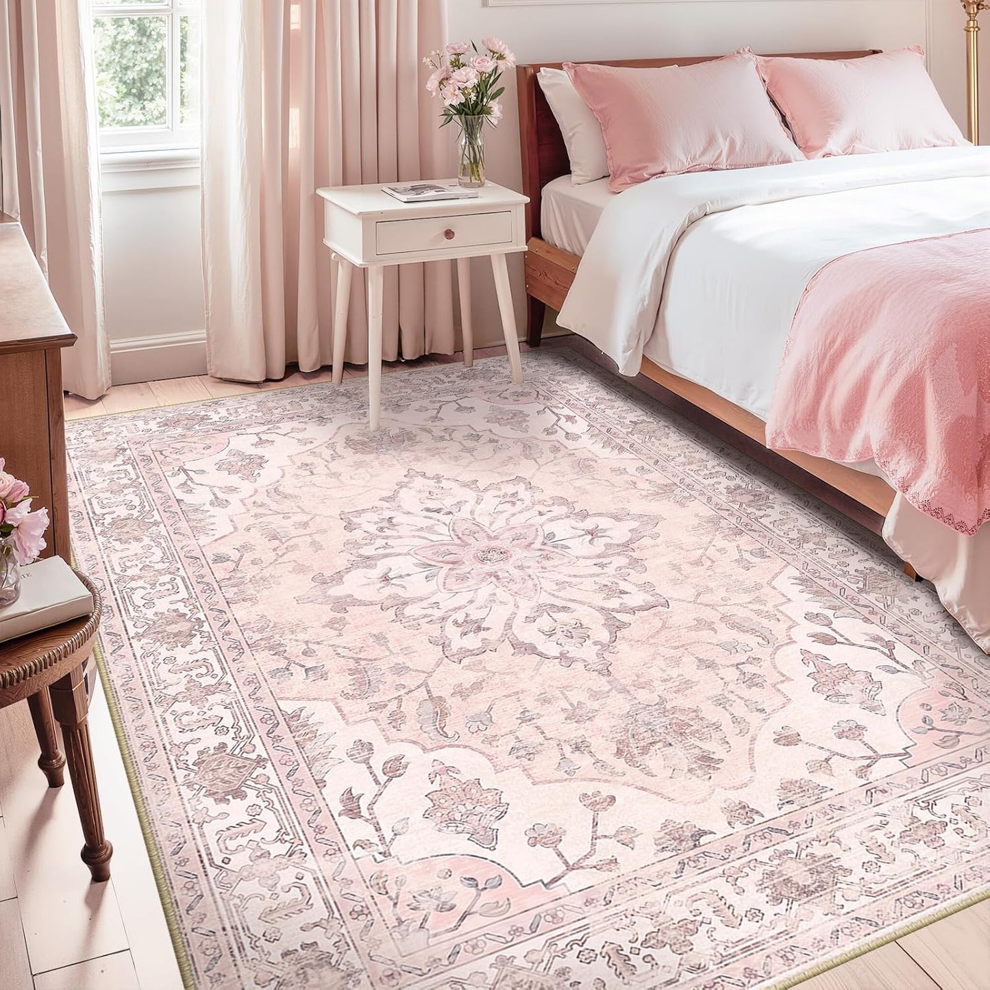 RELEANY Area Rugs 5'X7' Washable Non-Slip, Floral Vintage Distress Print Pattern Medallion Carpet for Living Room Bedroom Dining Room, Pink Greypink Cute