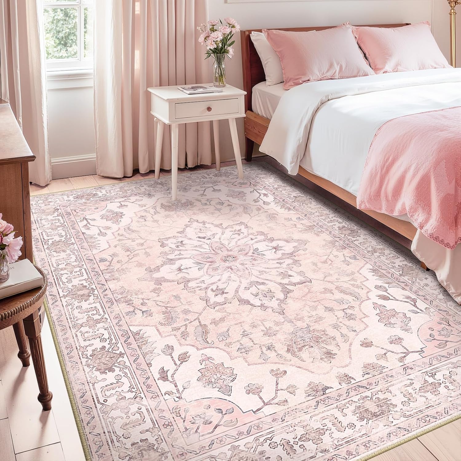 RELEANY Area Rugs 5'X7' Washable Non-Slip, Floral Vintage Distress Print Pattern Medallion Carpet for Living Room Bedroom Dining Room, Pink Greypink Cute